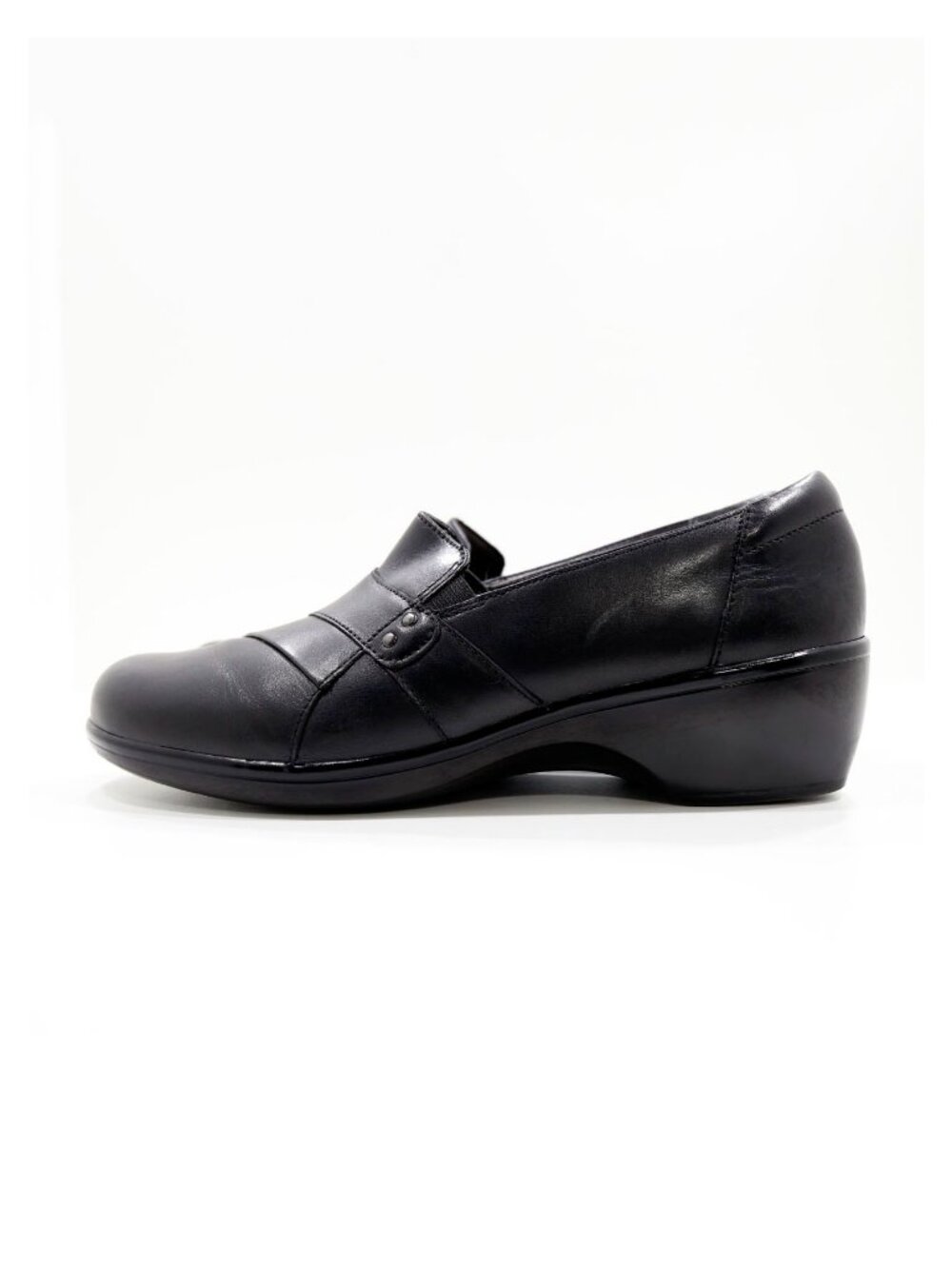 Clarks May Marigold Black Leather 2" Heel Slip On Clogs - 10 Wide